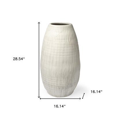 White embossed stripes ceramic vase with matte finish, 28.54" H x 16.14" W, handcrafted design.