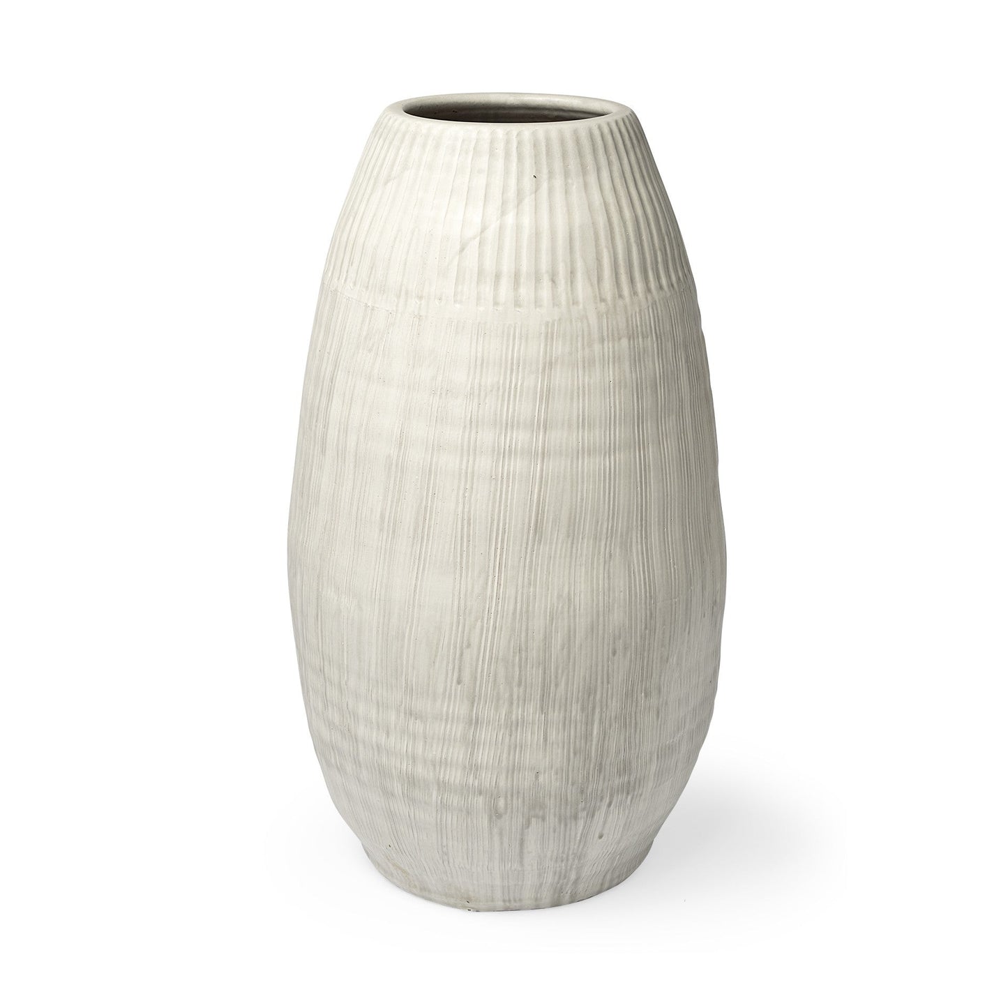 White embossed stripes ceramic vase with matte finish, contemporary design, high-quality craftsmanship.