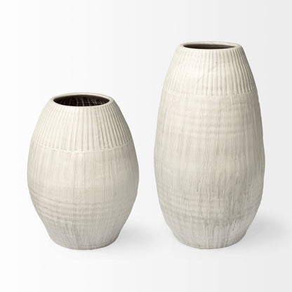 White Embossed Stripes Ceramic Vase with matte finish and embossed pattern.