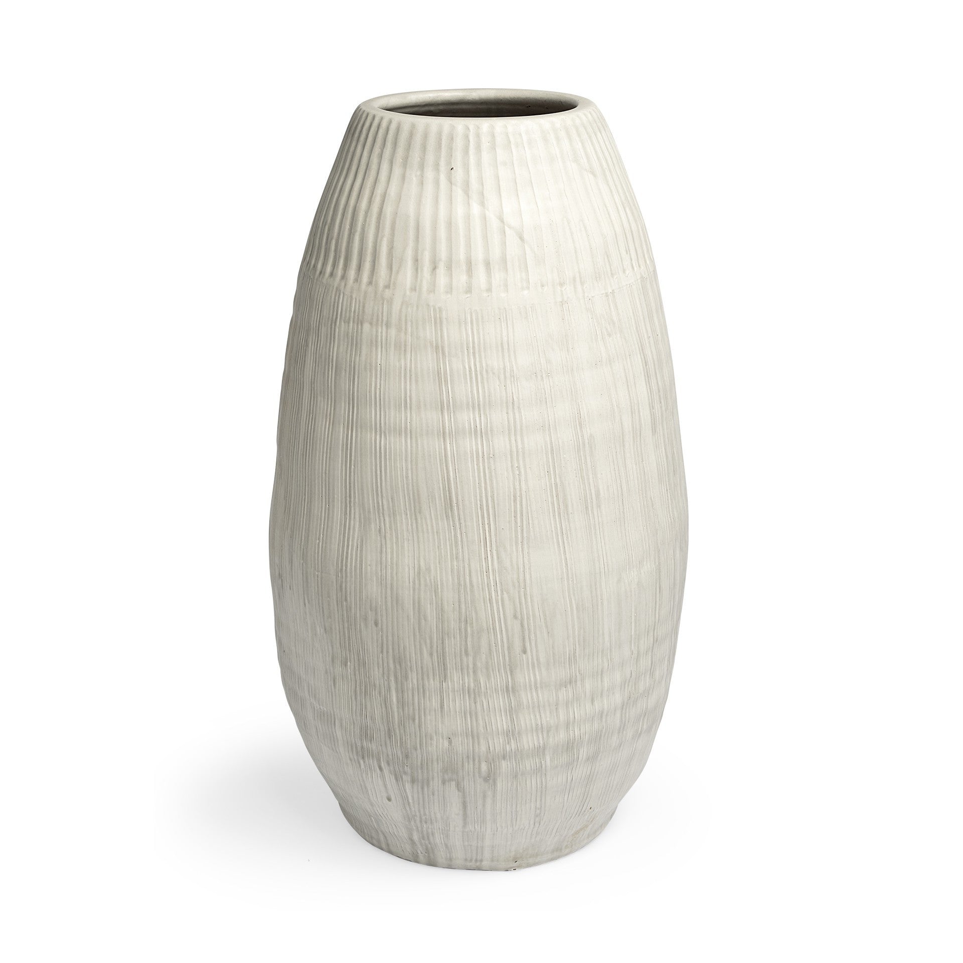 White Embossed Stripes Ceramic Vase with glazed matte finish and embossed pattern.