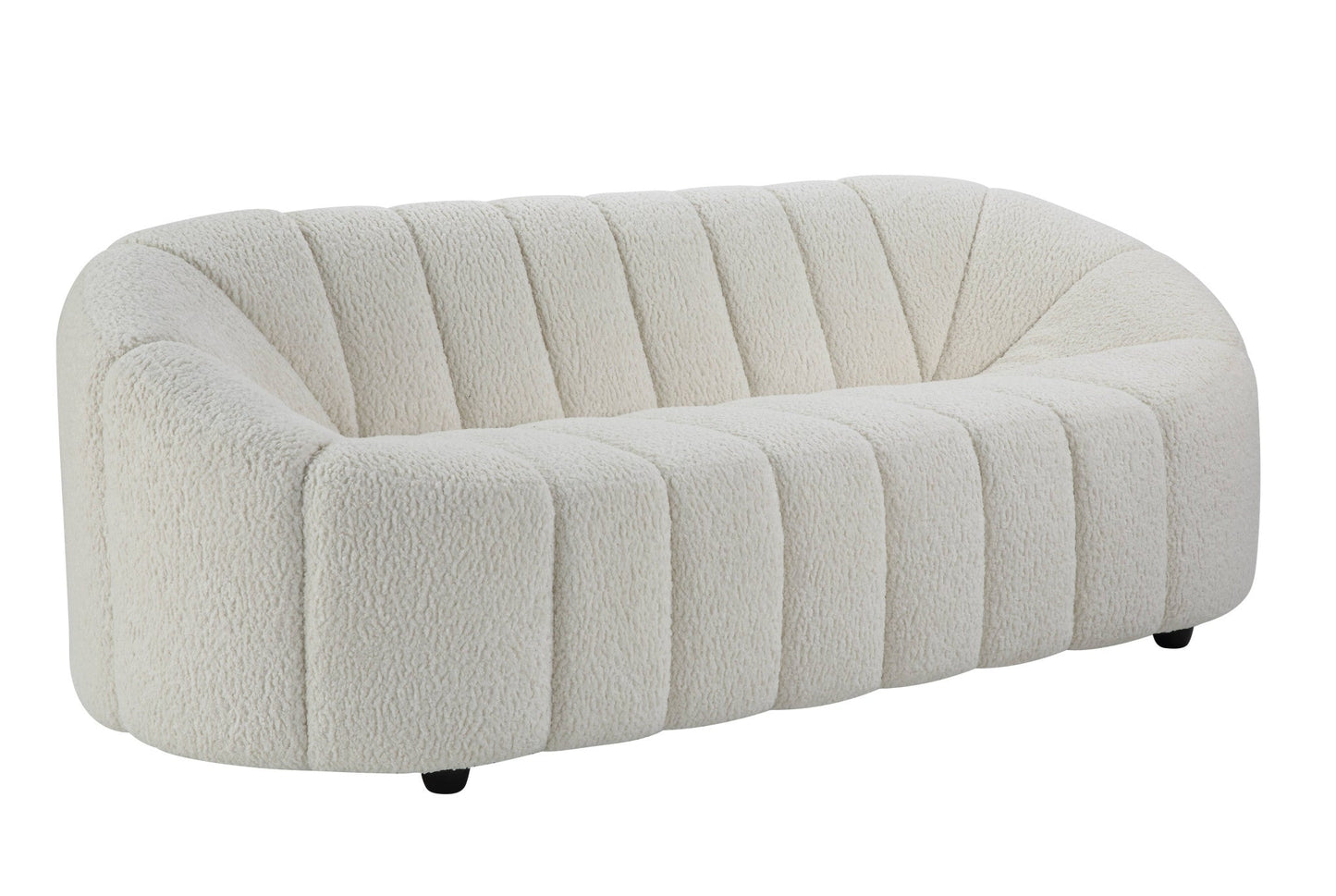 84" White Sherpa Sofa with Black Legs, modern armless design, cozy and stylish furniture.