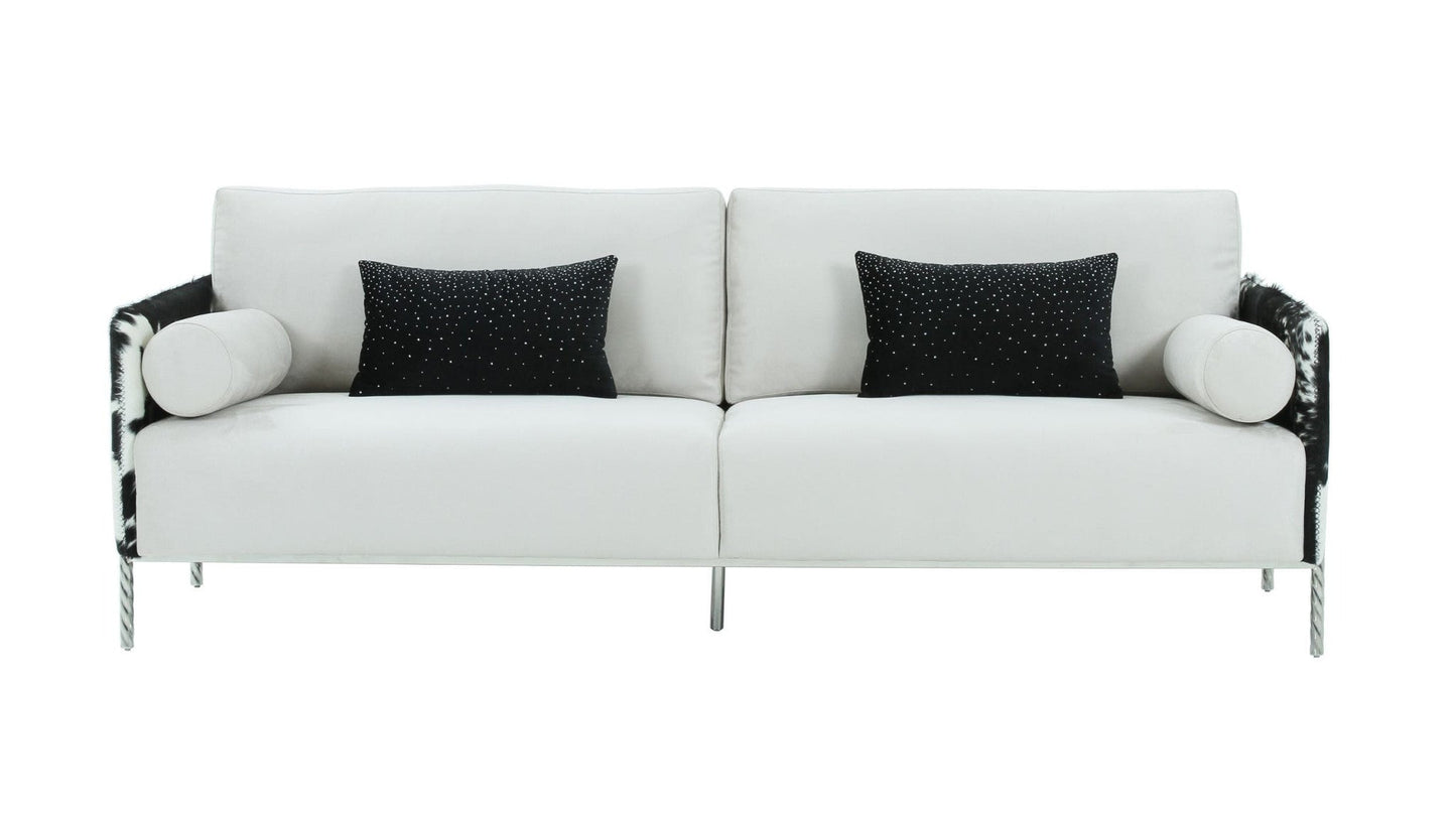 89" white sofa with toss pillows and silver legs, durable polyester upholstery, modern design.