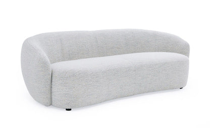 90" off-white fabric sofa with black metal legs and round arms.